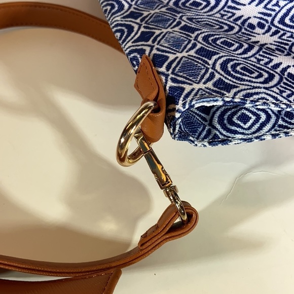 Geometric Navy/White with Tan Leather Accents Tote